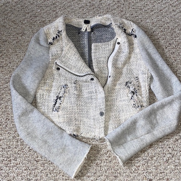 Free People We the Free Cropped Tattered Tweed Grey Moto Long Sleeve Jacket - Picture 3 of 6